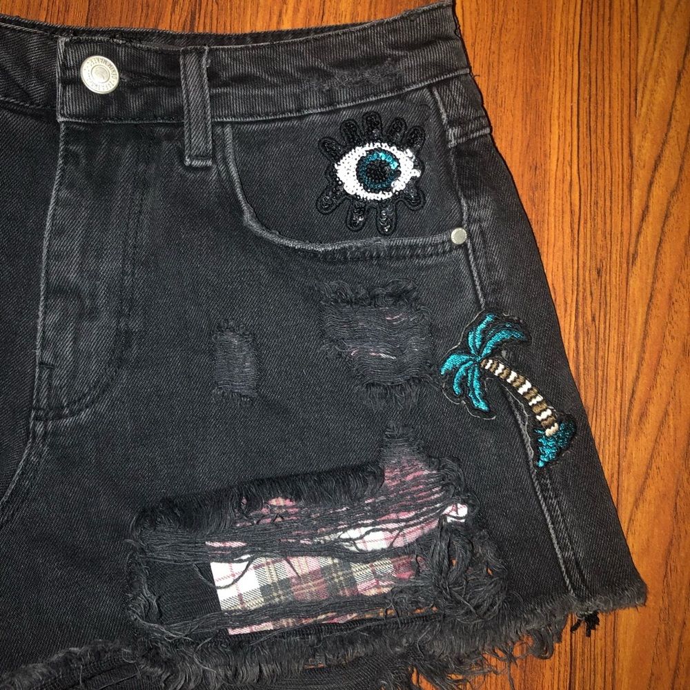 Zara Distressed Patch Black Denim Jean Shorts 02